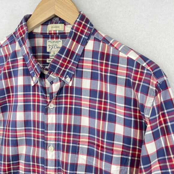 J.CREW Other - J.CREW Shirt Mens L 2-Ply Yarns Plaid Button Up Secret Wash Organic Cotton Blue